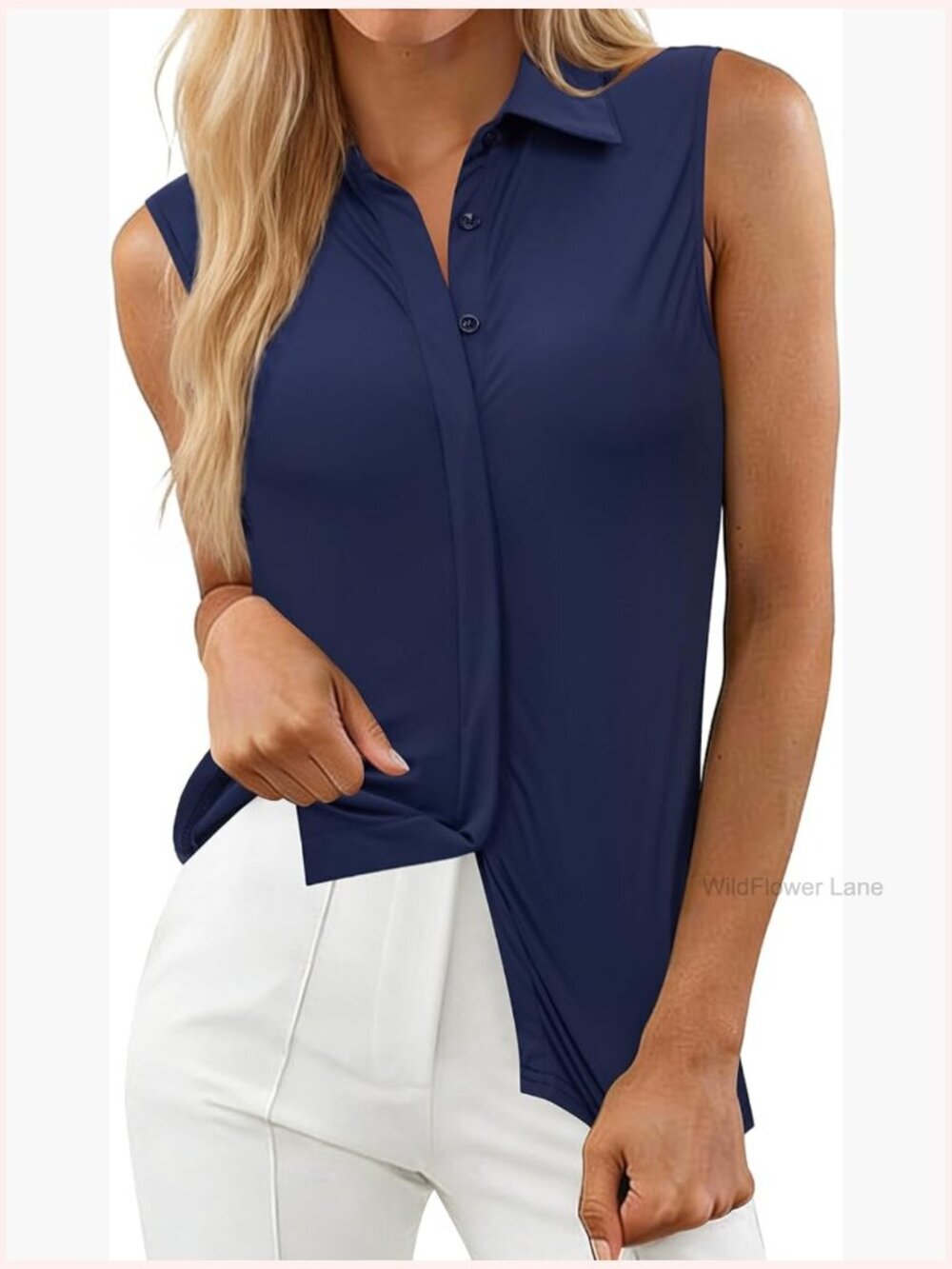 Sleeveless Button Down Shirt Collared Stretch Hidden Button Tank Top Work